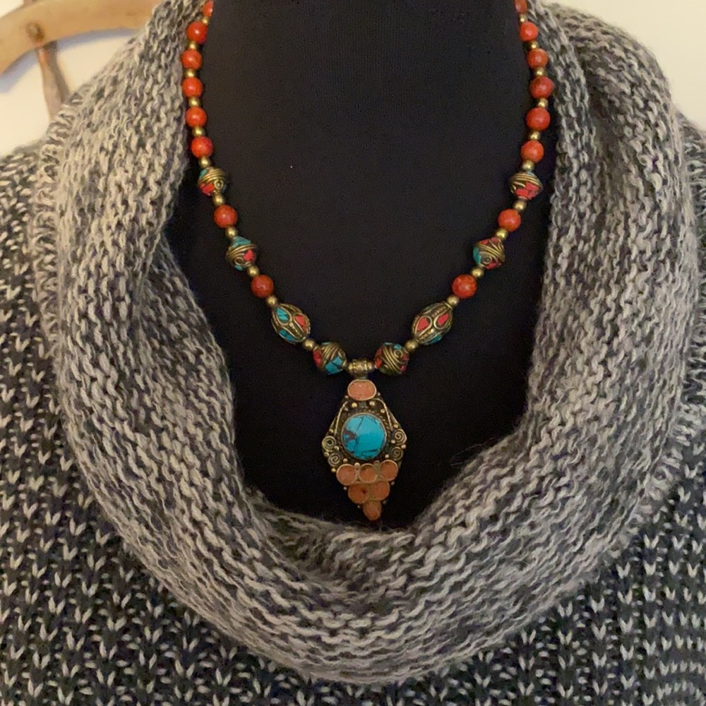 . Vintage Brass Pendent Necklace - Carnelian and Turquoise Beaded Necklace